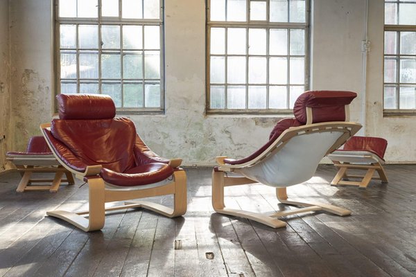 Set of Swedish Kroken Leather Lounge Chairs and Stools by Åke
