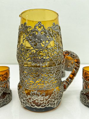 Amber Glass Jug with Matching Glasses and Metal Detailing