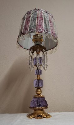 Vintage Table Lamp with Brass Colored Metal Frame with Purple Glass Inserts and Handmade Fabric Shade from Lamplove 1980s for sale at Pamono
