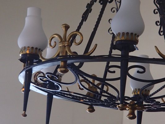 Large Chandelier In Wrought Iron 1940s, Large Black Wrought Iron Chandelier