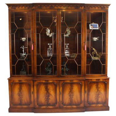 Vintage Flame Mahogany Breakfront Display Cabinet 1950s