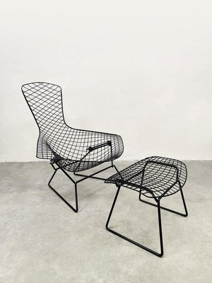Vintage Black Bird Wire Chair and Ottoman Harry Bertoia for Knoll 1960s Set of 2