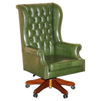 Chesterfield Wingback Swivel Chair in Green Leather
