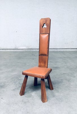 Brutalist High Back Low Stool in Oak and Skai 1960s for sale at Pamono