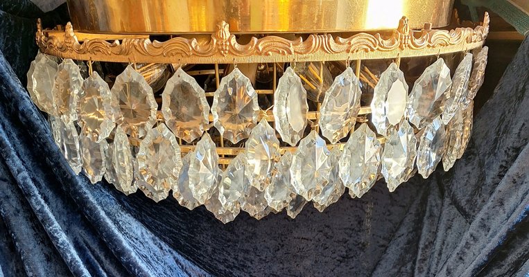 Große flache Vintage Deckenlampe mit vergoldetem Metallrahmen & Schirm aus geschliffenem Kristallglas