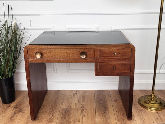 Mid Century Art Deco Italian Walnut Burl Glass Waterfall Writing Desk by Paolo Buffa 1940s