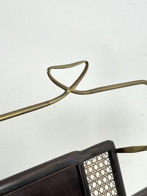 Mid-Century Folding Magazine Rack in Brass, Wood and Vienna Straw