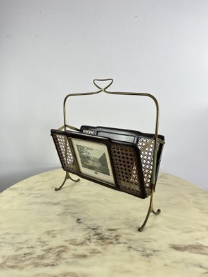 Mid-Century Folding Magazine Rack in Brass, Wood and Vienna Straw