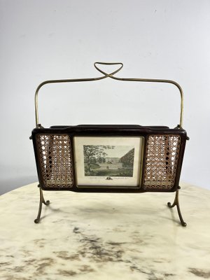 Mid-Century Folding Magazine Rack in Brass, Wood and Vienna Straw