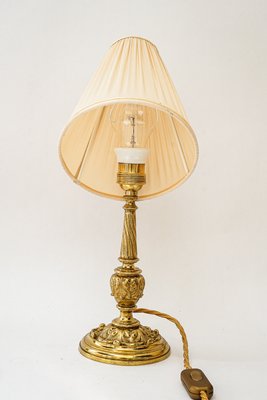 Antique Brass Table Lamp with Fabric Shade, 1890s for sale at Pamono