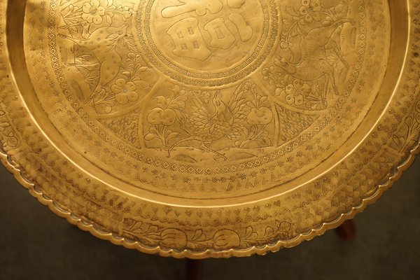 Mid-Century Modern Moroccan Brass Tray Table with Teak Folding