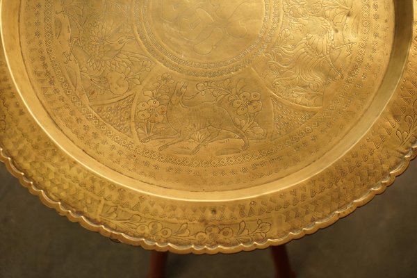 Mid-Century Modern Moroccan Brass Tray Table with Teak Folding