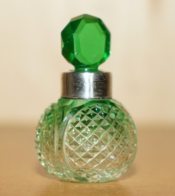 Antique Sterling Silver Perfume Bottle in Cut Glass Green Clear
