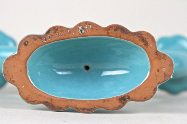 Lot De 3 Bougeoirs En Céramique Bleu Et Or - Faïence De Noël - Occasion