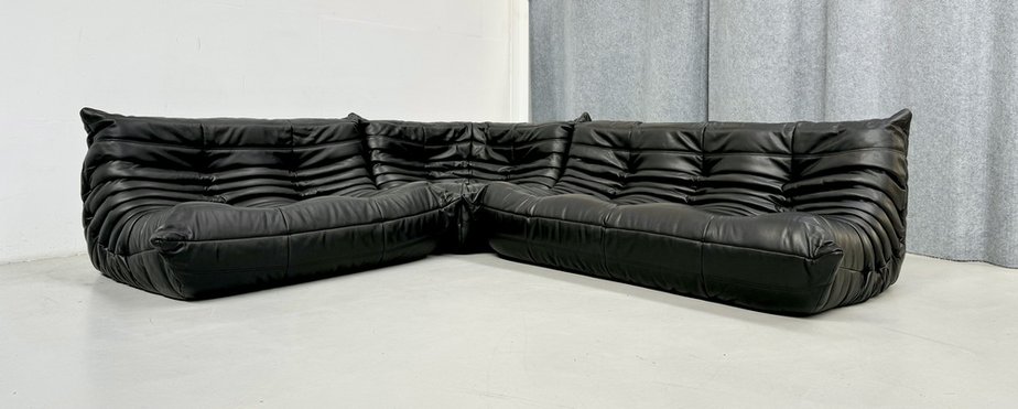 French Togo Living Room Set in Black Leather by Michel Ducaroy for