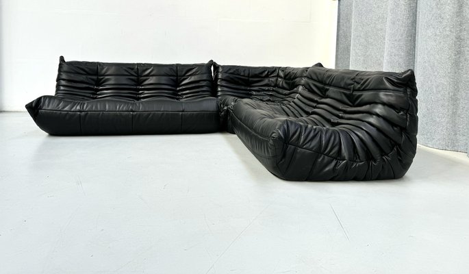 French Togo Living Room Set in Black Leather by Michel Ducaroy for