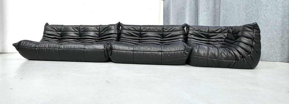 French Togo Living Room Set in Black Leather by Michel Ducaroy for