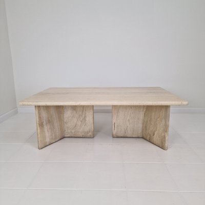 Robust Italian Travertine Coffee Table with Two 3-Leg Feet, 1980s