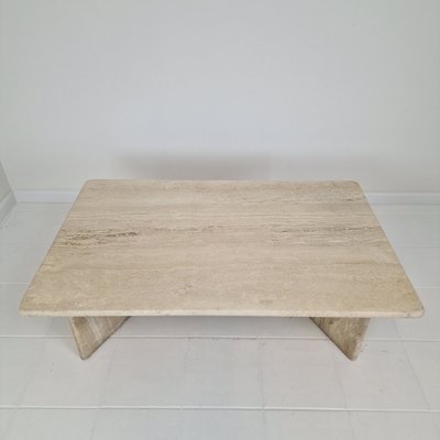 Robust Italian Travertine Coffee Table with Two 3-Leg Feet, 1980s