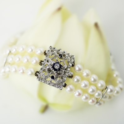 Cultured Pearl 18 Karat White Gold Sapphire Diamond Clasp Rows