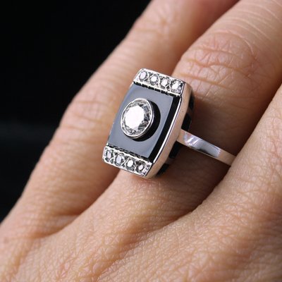 Bague Ancienne Argent Sterling Avec Onyx - Serti Clos T52 Style Art Déco - Occasion Très Bon État
