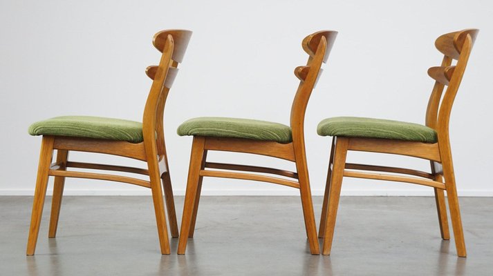 Vintage Wooden Dining Room Chairs with Green Fabric Seats Set of 3