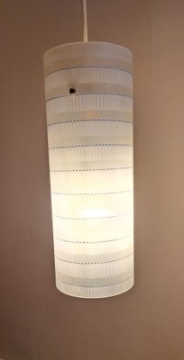 Vintage German Ceiling Lamp with Cylindrical Glass Shade with Geometric Colored Decor on Minimalist Brass Suspension 1970s for sale at Pamono