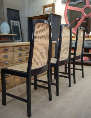 Vintage Cane Chairs in Black Lacquered Wood, 1970, Set of for