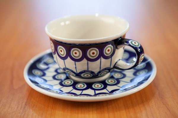 220 ml Cups with Krokus Saucers by Porcelana Boleslawiec, Set of 4