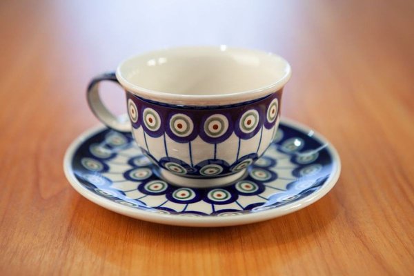 220 ml Cups with Krokus Saucers by Porcelana Boleslawiec, Set of 4 for sale at Pamono