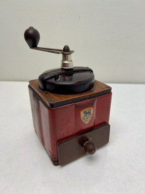 French Red Metal and Bakelite Coffee Grinder from Peugeot, 1940s