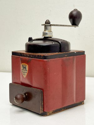 French Red Metal and Bakelite Coffee Grinder from Peugeot, 1940s