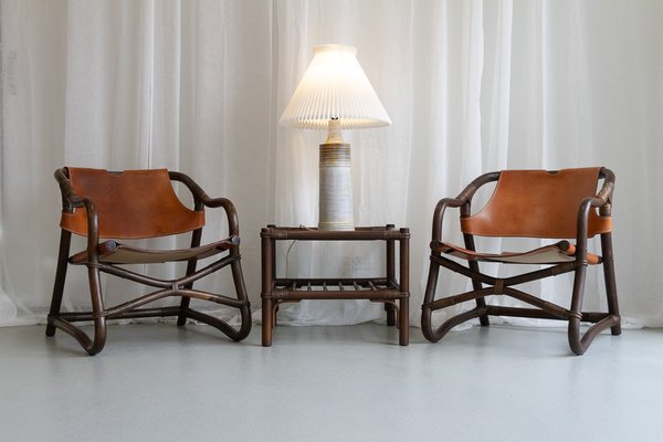 Poltrone moderne in bambù e pelle di Horsnæs, Danimarca, anni '60