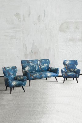 Mid-Century Sofa and Bergère Armchairs Set with Dedar Fabric