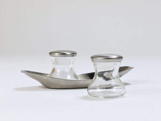 Mid-Century Salt Pepper Shakers with Tray attributed to