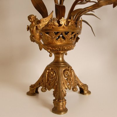 French Church Candelabra in Gold Bronze and Brass White Opaline