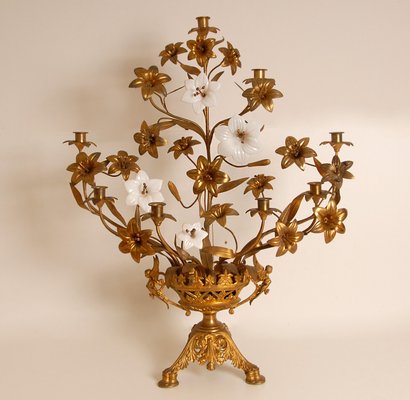 French Church Candelabra in Gold Bronze and Brass White Opaline