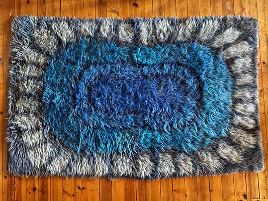 Mid-Century Modern Handmade Blue High Pile Rya Rug, Sweden, 1960s