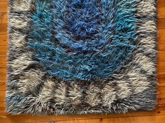 Mid-Century Modern Handmade Blue High Pile Rya Rug, Sweden, 1960s