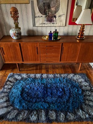 Mid-Century Modern Handmade Blue High Pile Rya Rug, Sweden, 1960s