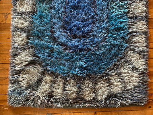 Mid-Century Modern Handmade Blue High Pile Rya Rug, Sweden, 1960s