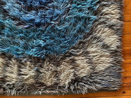 Mid-Century Modern Handmade Blue High Pile Rya Rug, Sweden, 1960s