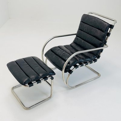Set of Bauhaus MR Tubular Armchair with Ottoman by Ludwig Mies Van Der  Rohe, 1980s