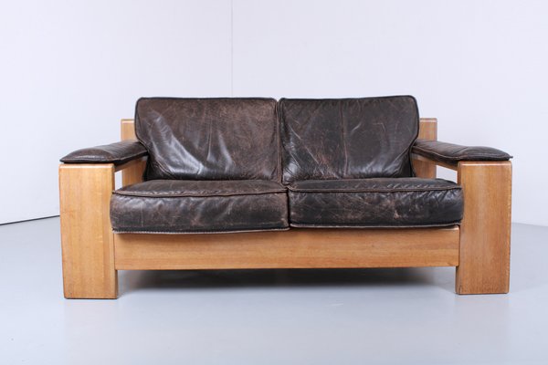 Brutalist Light Oak and Dark Leather Sofa by Harry de Groot for