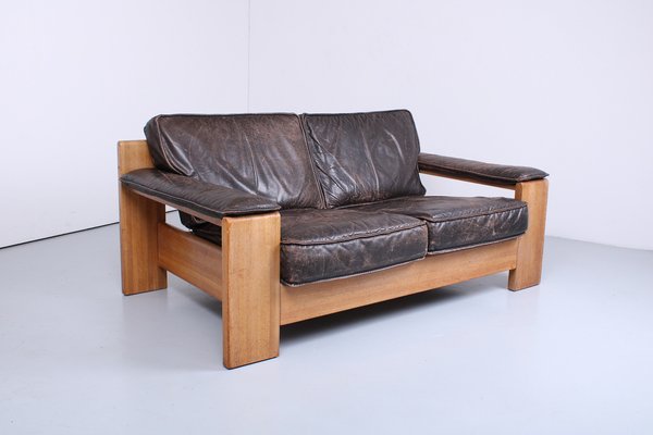 Brutalist Light Oak and Dark Leather Sofa by Harry de Groot for