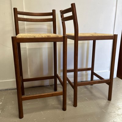 Mid Century Dark Beech Stools with Cane Seat for sale at Pamono