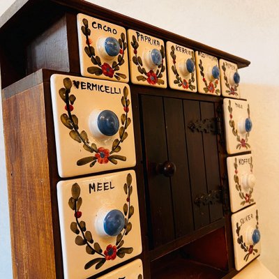 Art Deco Dutch Wooden Spices Cabinet in Blue Ceramic, 1930s for
