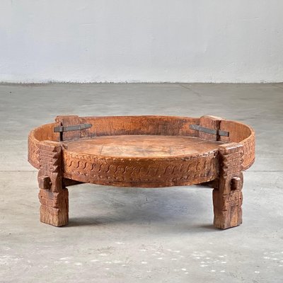 Indian Carved Wooden Chakki Grinder Coffee Table with Iron