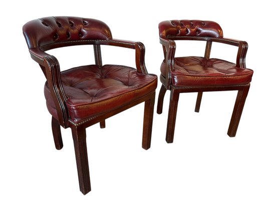 Vintage Burgundy Leather and Wood Office Chairs, Set of for sale - Main Image