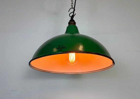 Industrial British Green Enamel Factory Pendant Lamp from Maxlume